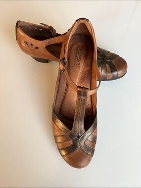 Rockport Two-Tone Cognac and Bronze T-Strap Heels